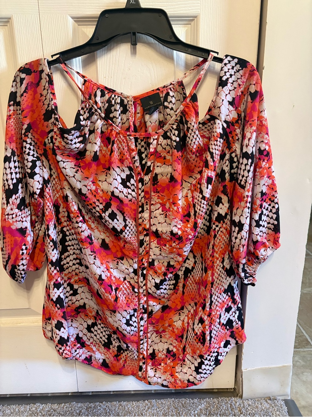 Worthington Cold-Shoulder Blouse in Pink, Orange & Black Abstract Print